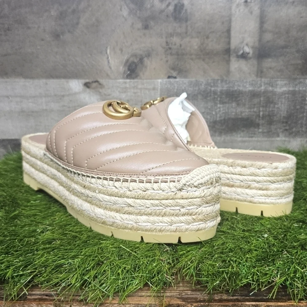 GUCCI Charlotte Matelasse gold GG Marmont logo platform espadrille jute mule - Picture 3 of 15